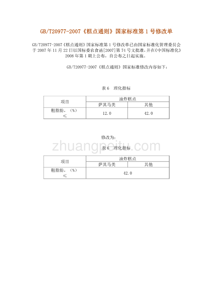 GBT 20977-2007第1号修改单 《糕点通则》国家标准第1号修改单_第1页