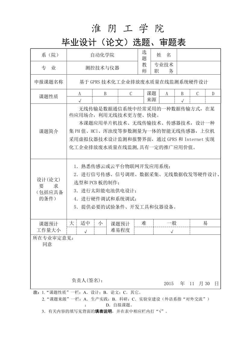 基于GPRS技术化工企业排放废水质量在线监测系统硬件设计选题、审题表_第1页