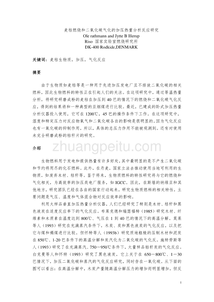 外文翻译--麦秸燃烧和二氧化碳气化的加压热重分析反应研究  中文版_第1页