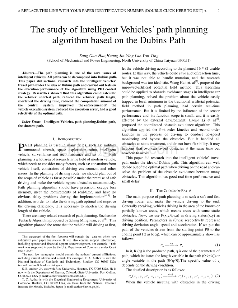 外文翻译--基于Dubins路径的智能车辆路径规划算法研究 英文版_第1页