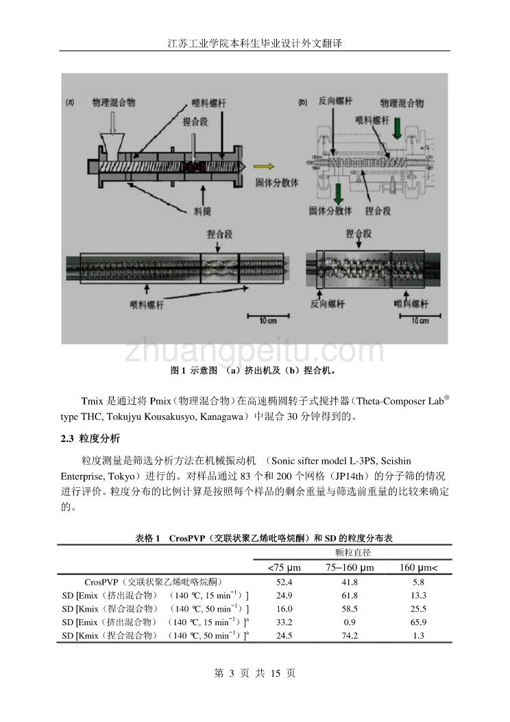 外文翻译--采用双螺杆挤出机或捏合机制备含有交聚维酮的吲哚美辛固体散粉末 中文_第3页