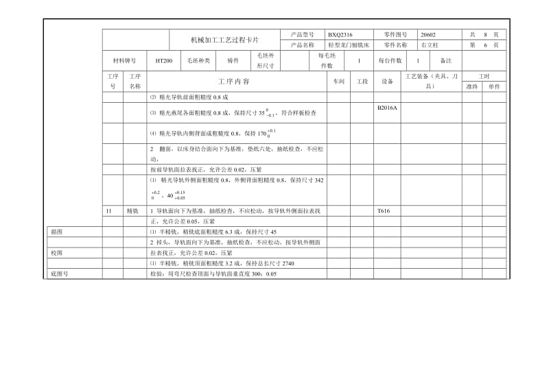 轻型龙门刨铣床右立柱工艺卡片6_第1页