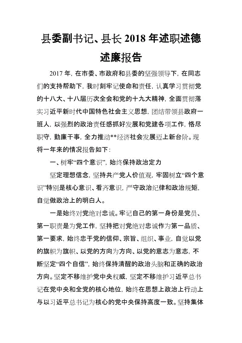 縣委副書記、縣長2018年述職述德述廉報告