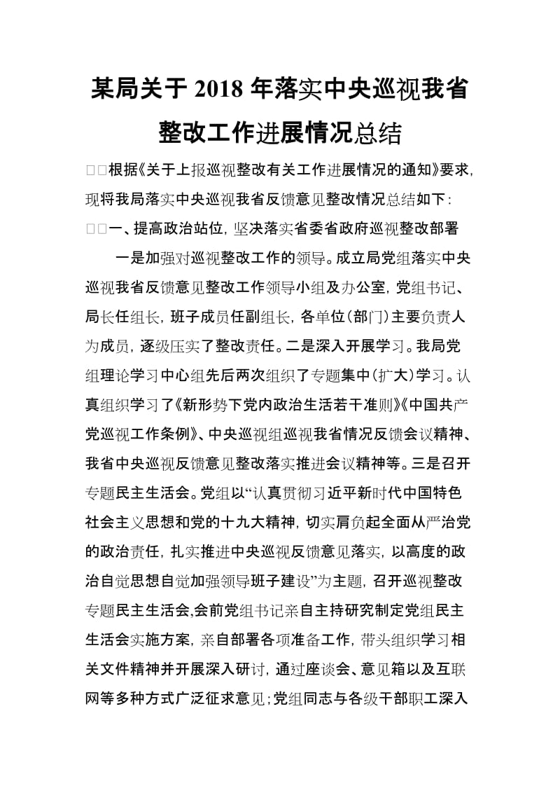 某局关于2018年落实中央巡视我省整改工作进展情况总结_第1页