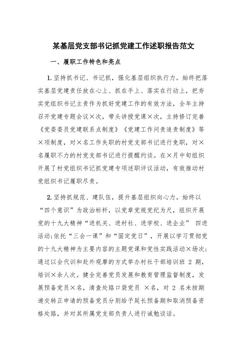 某基层党支部书记抓党建工作述职报告范文