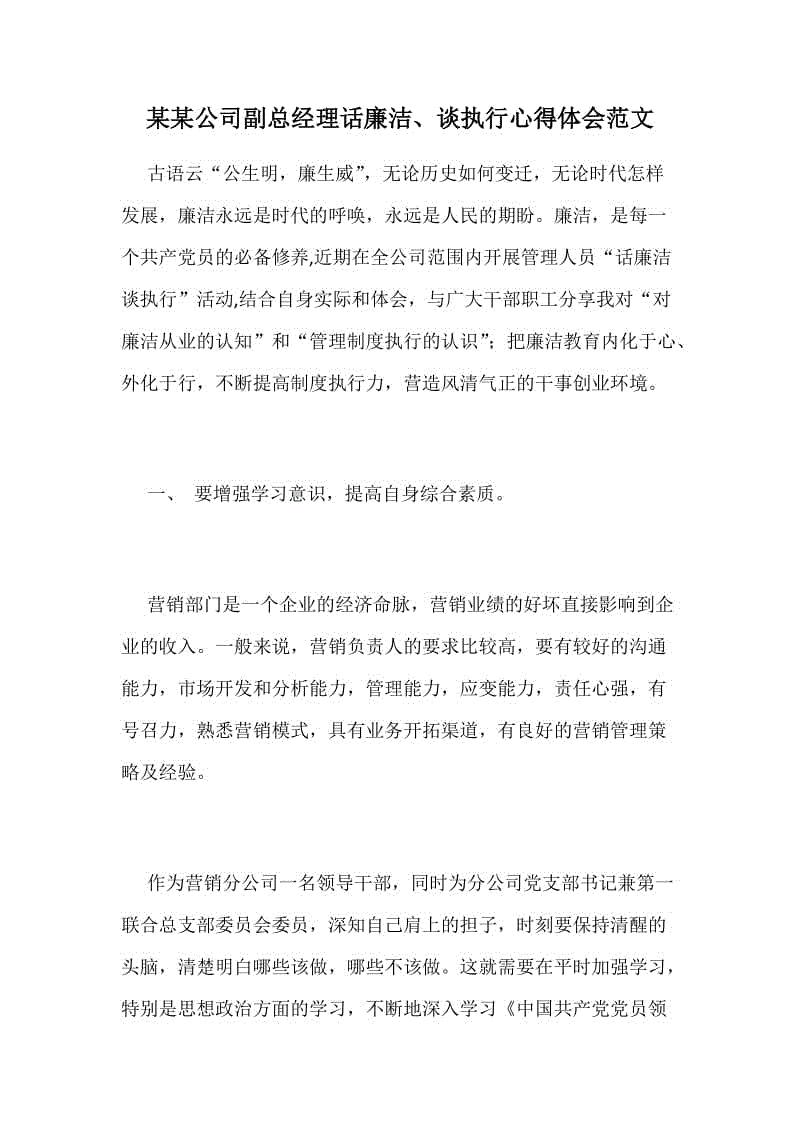 某某公司副總經(jīng)理話廉潔、談執(zhí)行心得體會范文