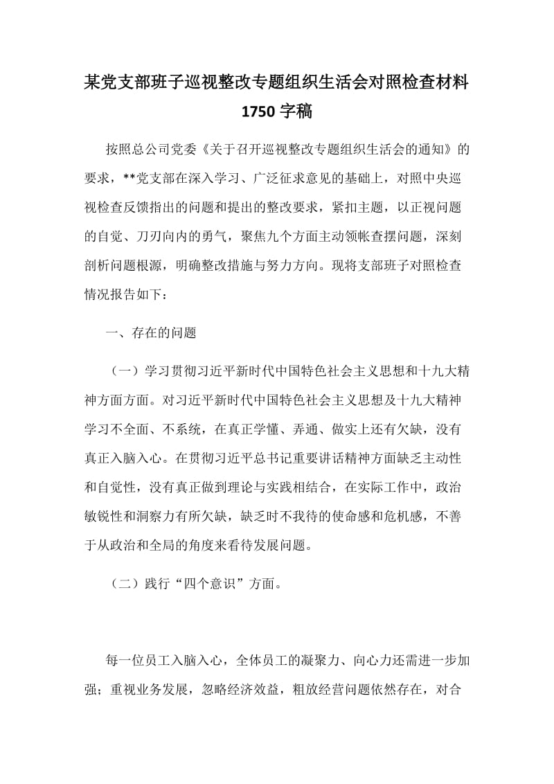 某党支部班子巡视整改专题组织生活会对照检查材料1750字稿_第1页