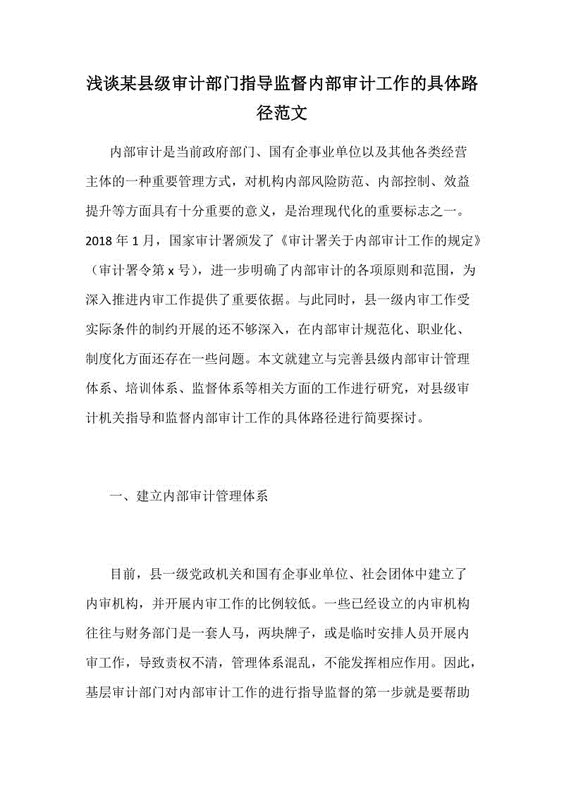 淺談某縣級(jí)審計(jì)部門指導(dǎo)監(jiān)督內(nèi)部審計(jì)工作的具體路徑范文