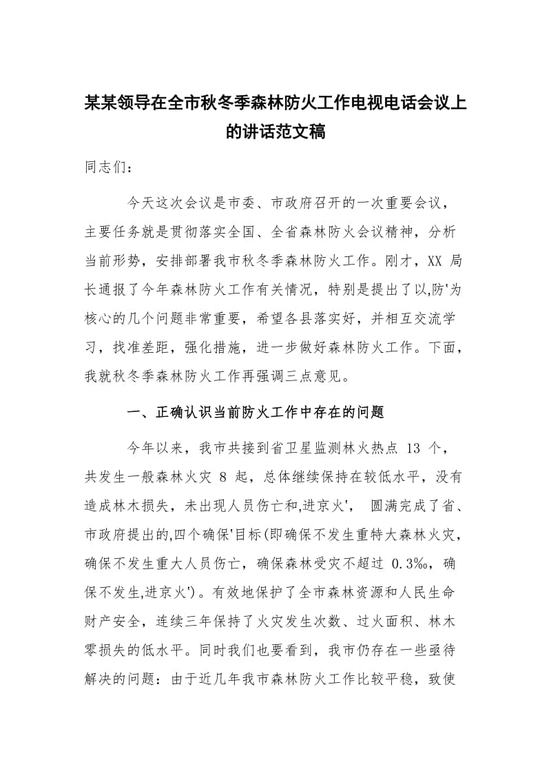 某某领导在全市秋冬季森林防火工作电视电话会议上的讲话范文稿_第1页