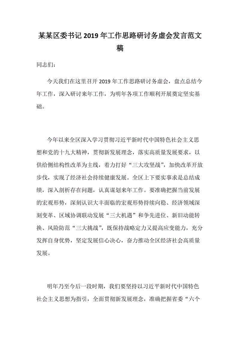 某某區(qū)委書記2019年工作思路研討務虛會發(fā)言范文稿