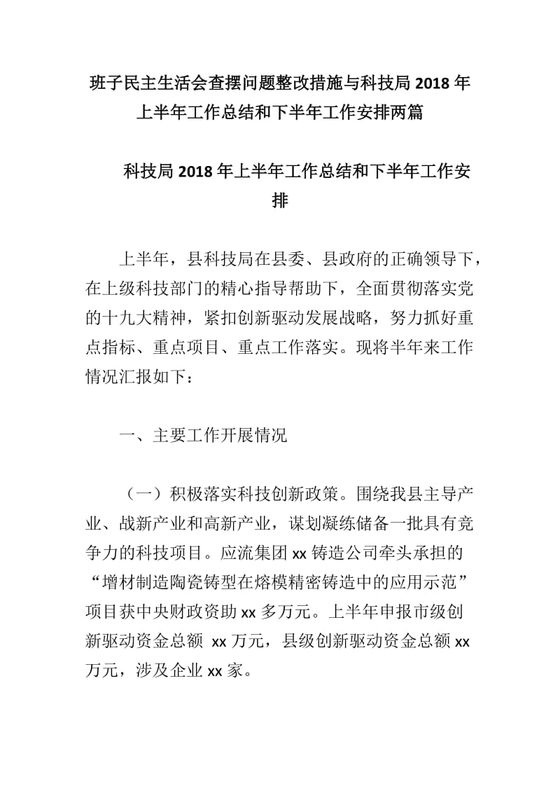 班子民主生活会查摆问题整改措施与科技局2018年上半年工作总结和下半年工作安排两篇_第1页