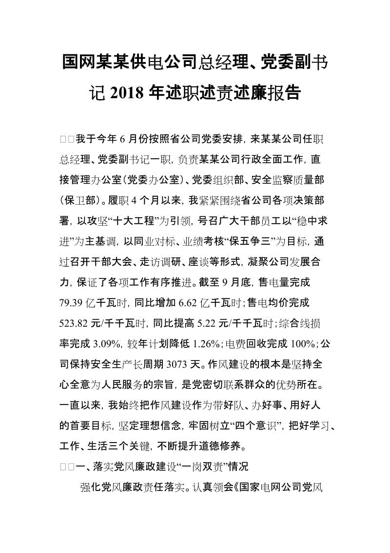 國(guó)網(wǎng)某某供電公司總經(jīng)理、黨委副書(shū)記2018年述職述責(zé)述廉報(bào)告