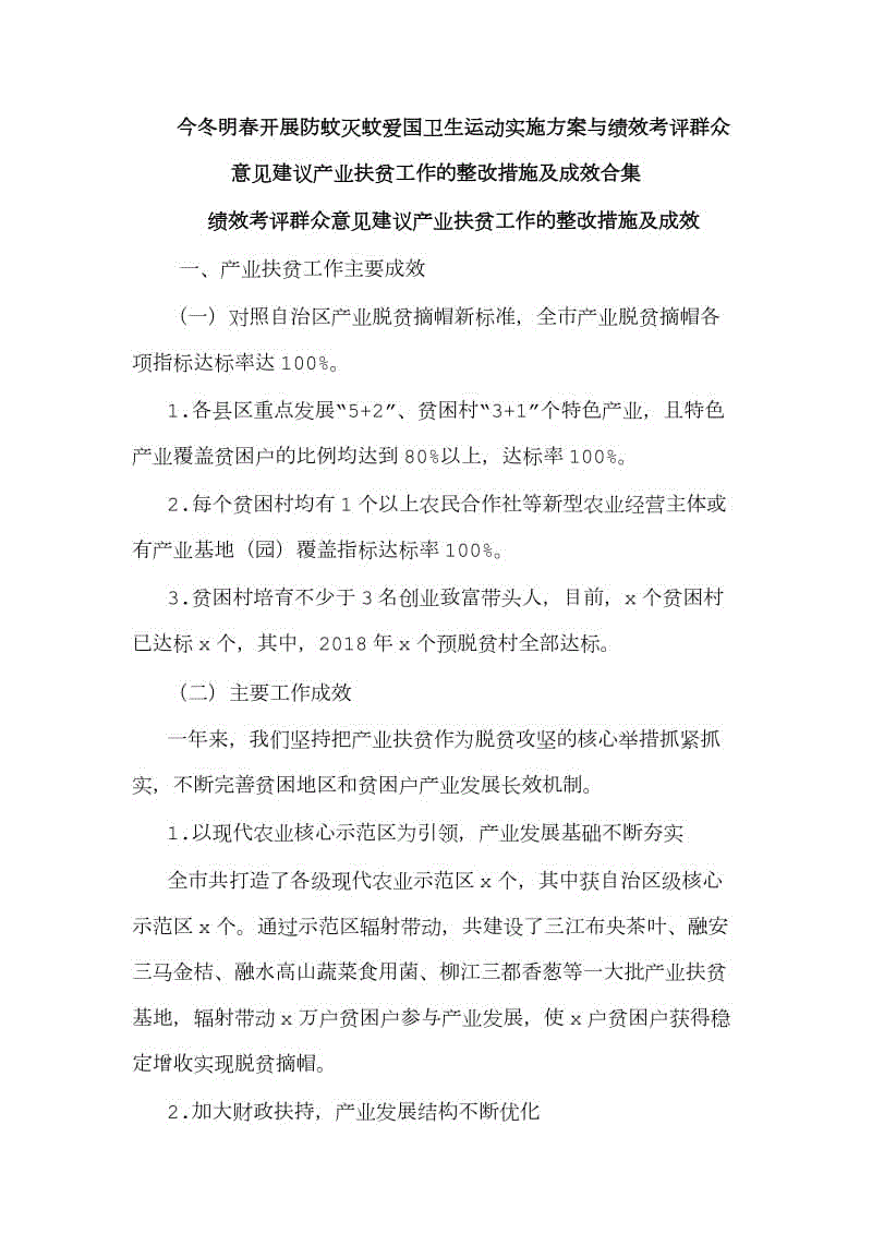 今冬明春開(kāi)展防蚊滅蚊愛(ài)國(guó)衛(wèi)生運(yùn)動(dòng)實(shí)施方案與績(jī)效考評(píng)群眾意見(jiàn)建議產(chǎn)業(yè)扶貧工作的整改措施及成效合集