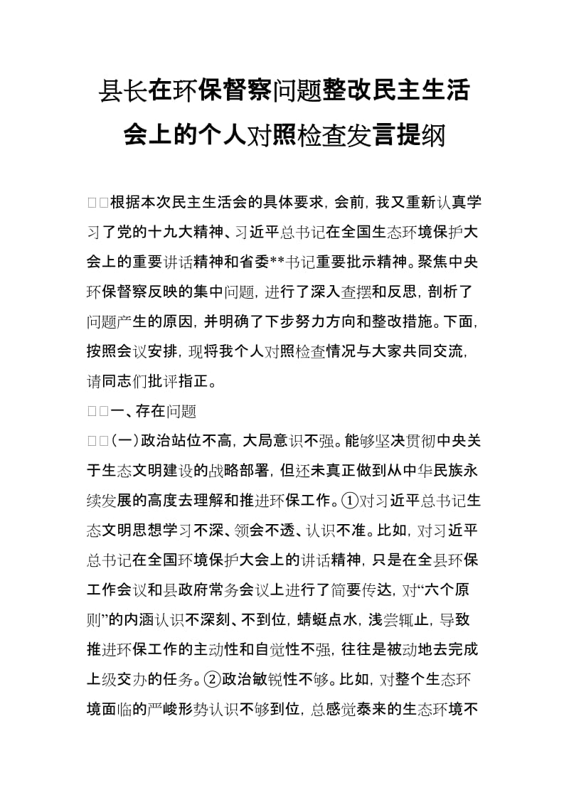 县长在环保督察问题整改民主生活会上的个人对照检查发言提纲_第1页