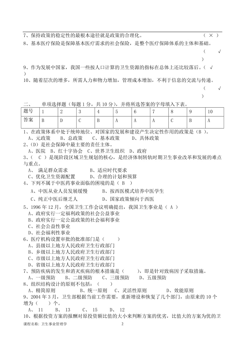 2017秋东北大学答案-卫生事业管理学B_第2页