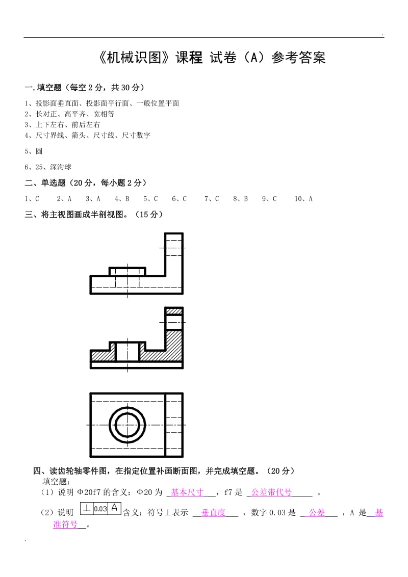 17数控1班《机械识图》(A)试卷答案_第1页