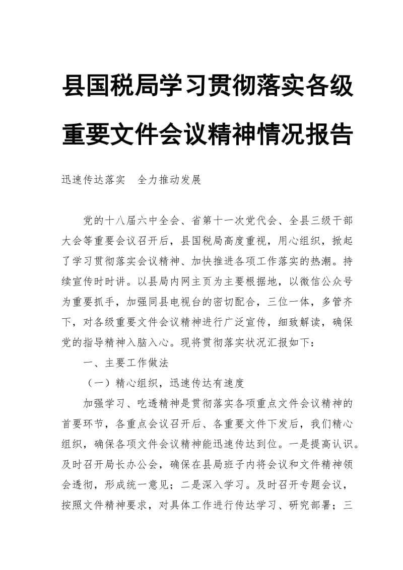 县国税局学习贯彻落实各级重要文件会议精神情况报告_第1页