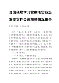 縣國稅局學習貫徹落實各級重要文件會議精神情況報告