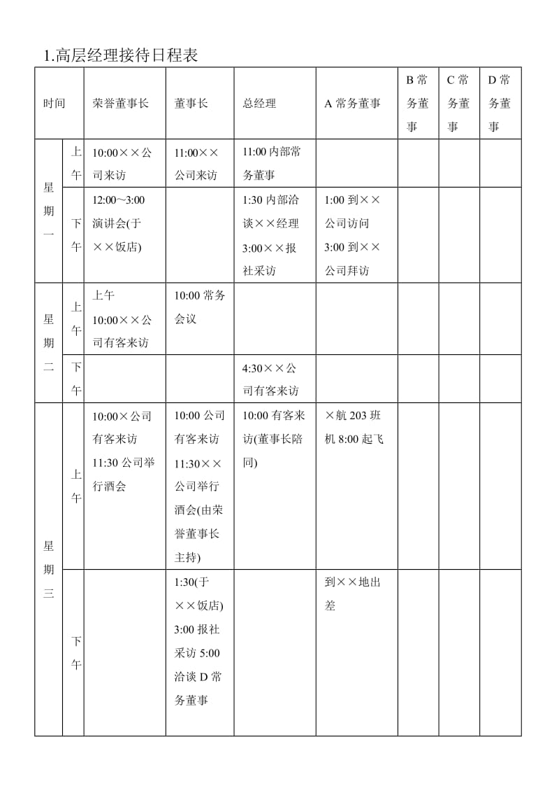 (涉外事务管理表格)高层经理接待日程表_第1页