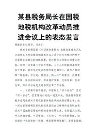 某縣稅務局長在國稅地稅機構改革動員推進會議上的表態(tài)發(fā)言