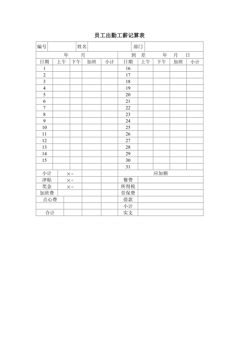 (办公文书及表格)员工出勤工薪记算表_第1页