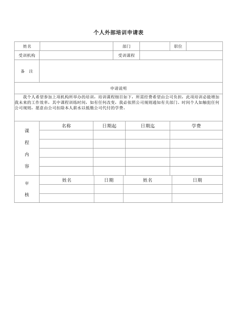 (人事管理表格)个人外部培训申请表_第1页