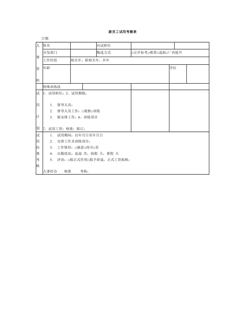 (人事管理表格)新员工试用考察表_第1页