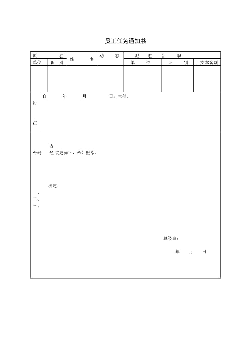 (人事档案)员工任免通知书_第1页