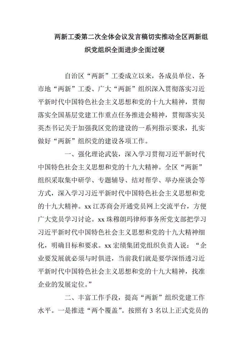 兩新工委第二次全體會議發(fā)言稿切實推動全區(qū)兩新組織黨組織全面進步全面過硬