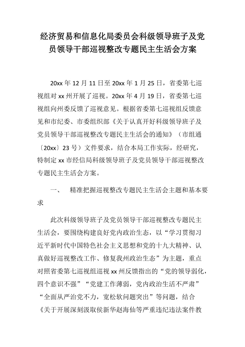 经济贸易和信息化局委员会科级领导班子及党员领导干部巡视整改专题民主生活会方案_第1页