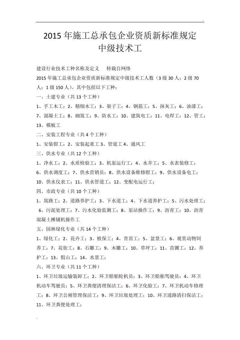 2015年施工總承包企業(yè)資質(zhì)新標(biāo)準(zhǔn)規(guī)定中級技術(shù)工WORD版