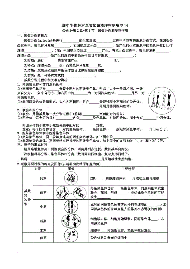 高中生物教材章節(jié)知識梳理歸納填空14WORD版