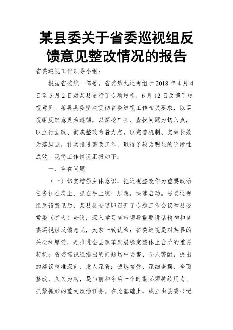 某县委关于省委巡视组反馈意见整改情况的报告_第1页