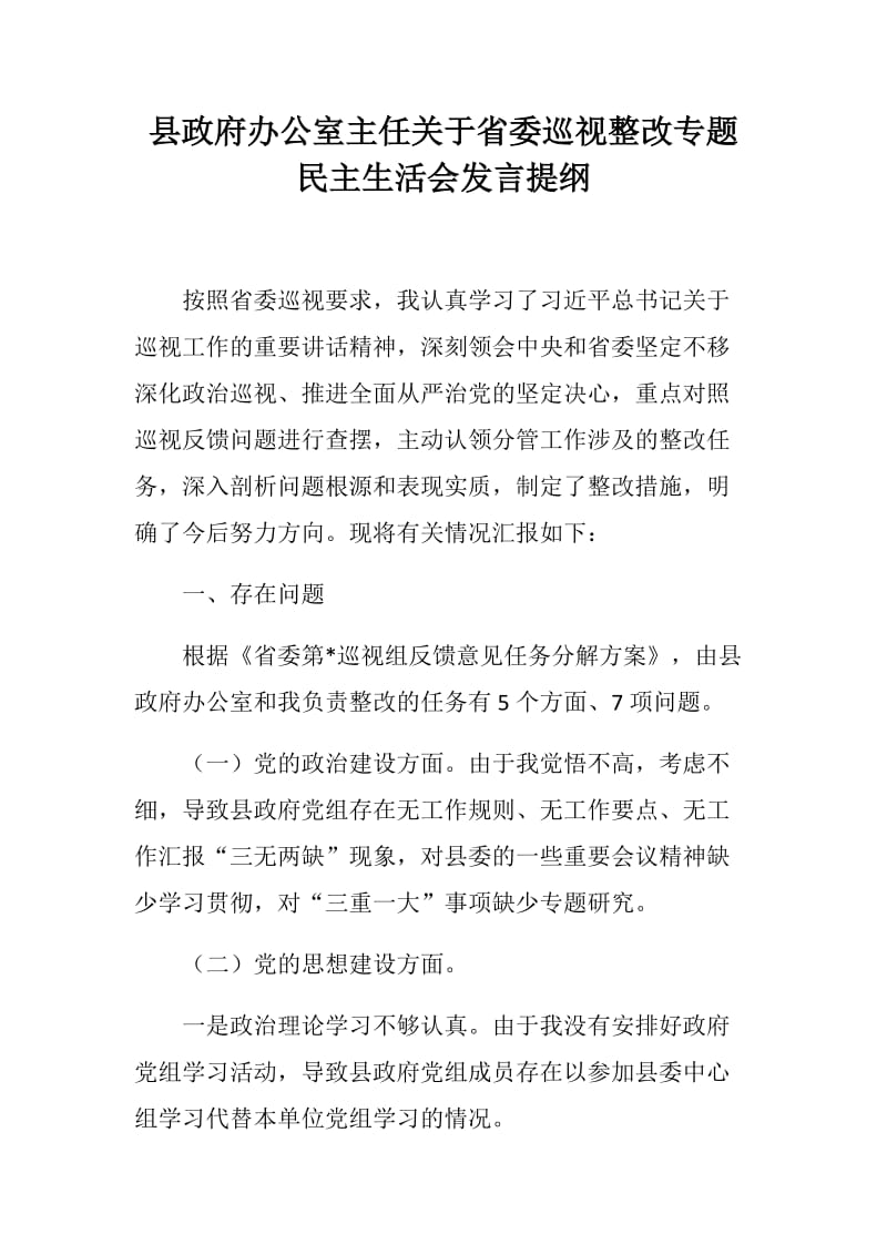 县政府办公室主任关于省委巡视整改专题民主生活会发言提纲_第1页