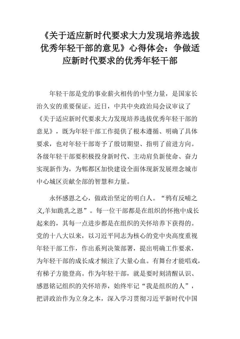 《关于适应新时代要求大力发现培养选拔优秀年轻干部的意见》心得体会：争做适应新时代要求的优秀年轻干部_第1页