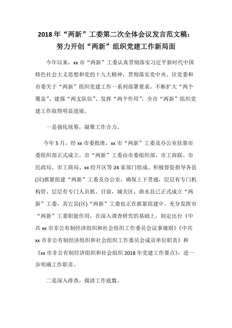 2018年“兩新”工委第二次全體會議發(fā)言范文稿：努力開創(chuàng)“兩新”組織黨建工作新局面