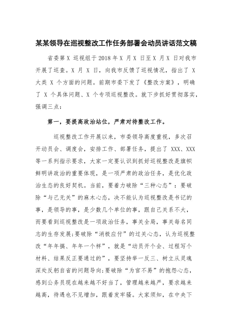 某某领导在巡视整改工作任务部署会动员讲话范文稿_第1页