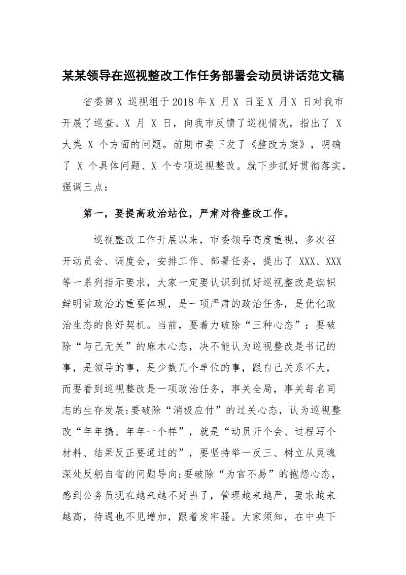 某某領(lǐng)導(dǎo)在巡視整改工作任務(wù)部署會動員講話范文稿