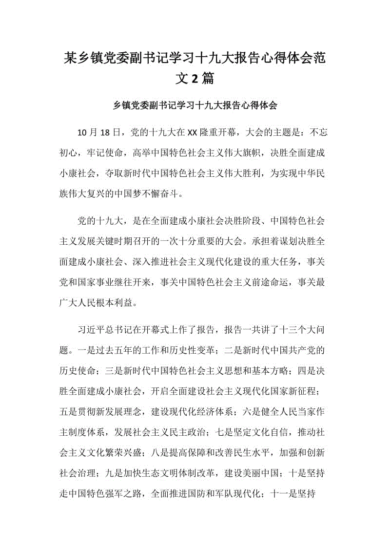 某鄉(xiāng)鎮(zhèn)黨委副書記學習十九大報告心得體會范文2篇