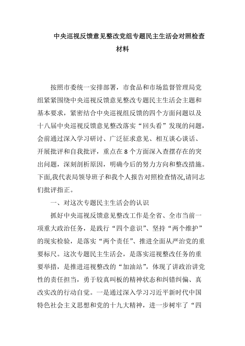 中央巡视反馈意见整改党组专题民主生活会对照检查材料_第1页