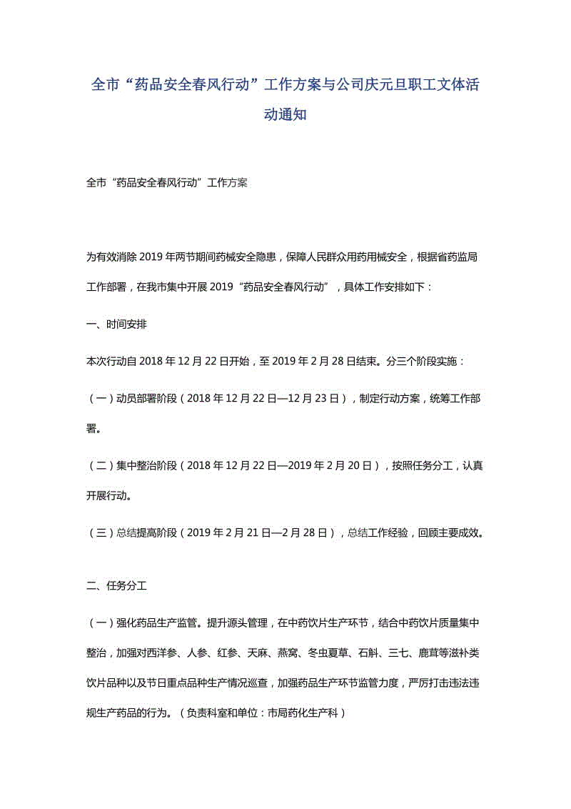 全市“藥品安全春風(fēng)行動”工作方案與公司慶元旦職工文體活動通知