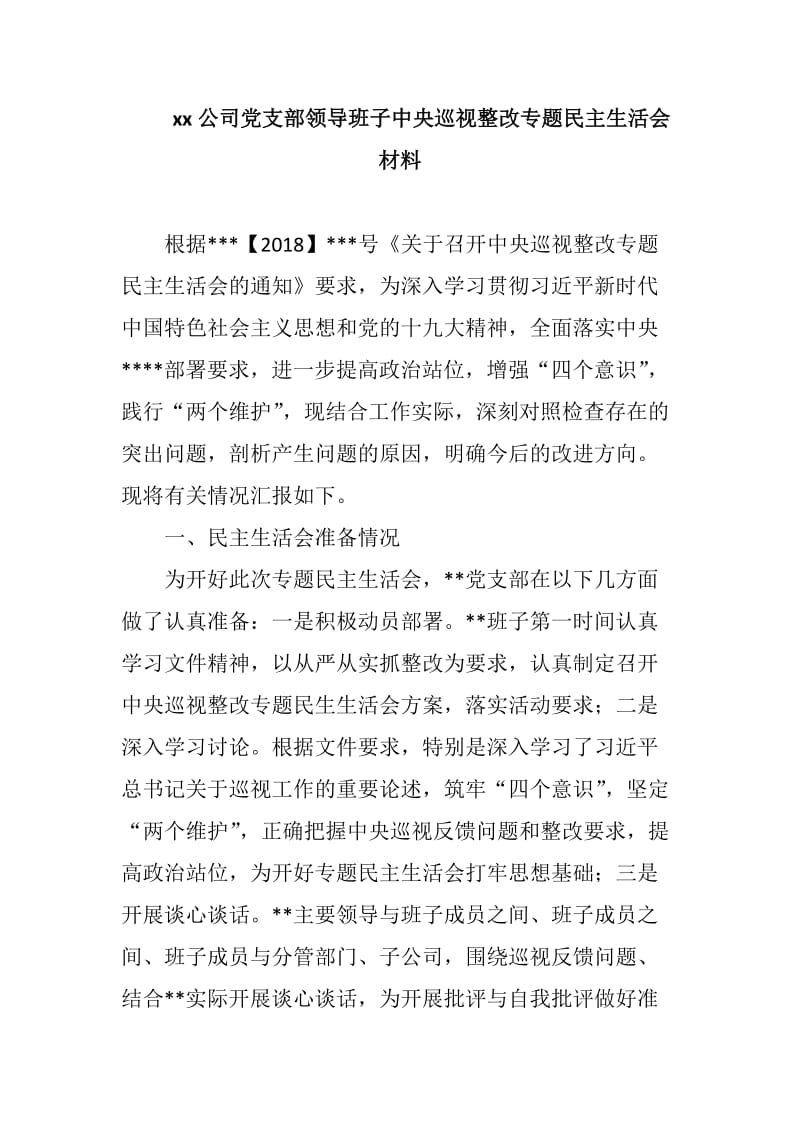 xx公司党支部领导班子中央巡视整改专题民主生活会材料_第1页