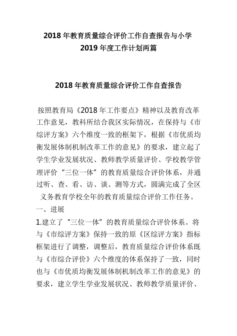 2018年教育质量综合评价工作自查报告与小学2019年度工作计划两篇_第1页