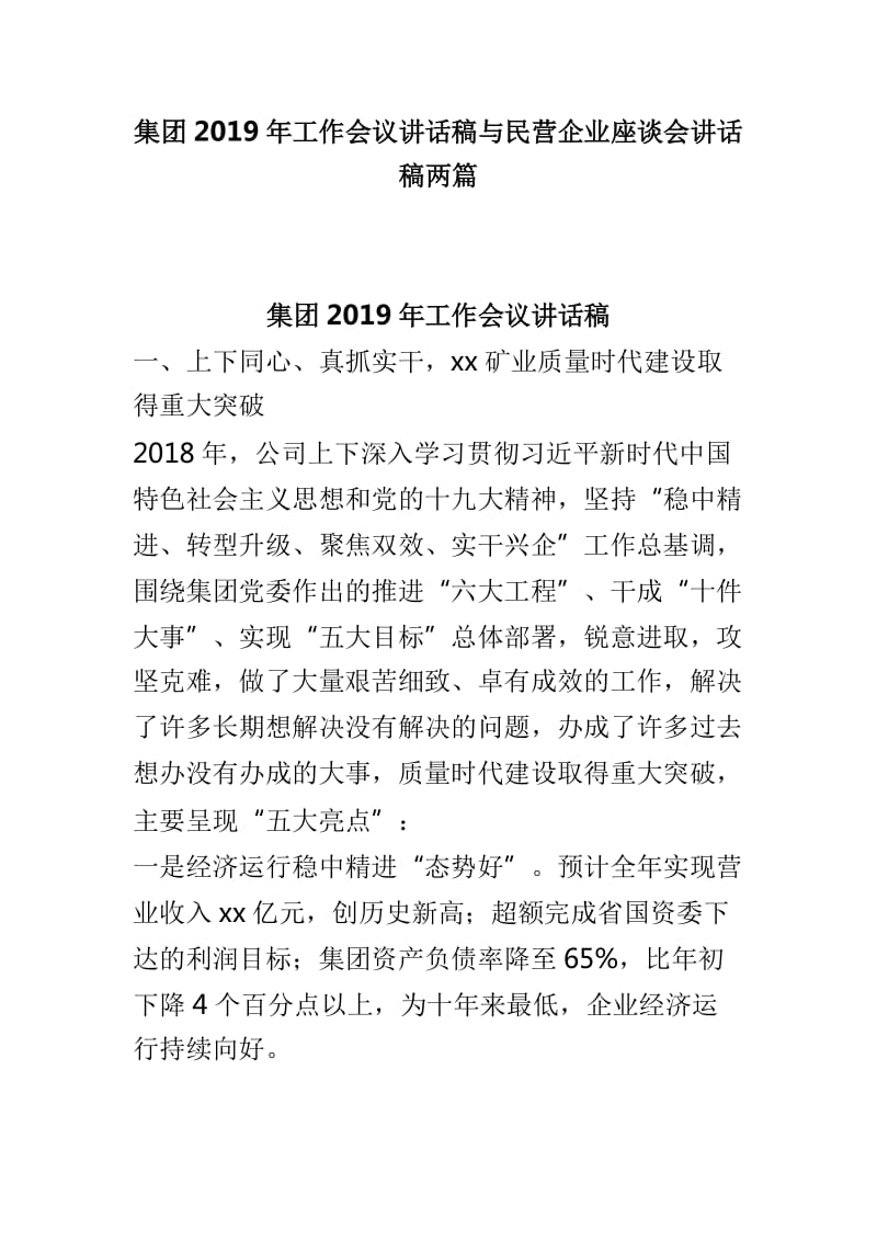 集团2019年工作会议讲话稿与民营企业座谈会讲话稿两篇_第1页