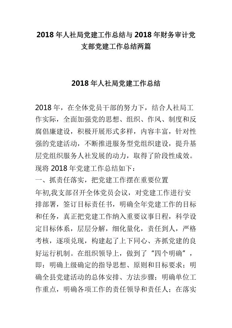 2018年人社局黨建工作總結(jié)與2018年財(cái)務(wù)審計(jì)黨支部黨建工作總結(jié)兩篇