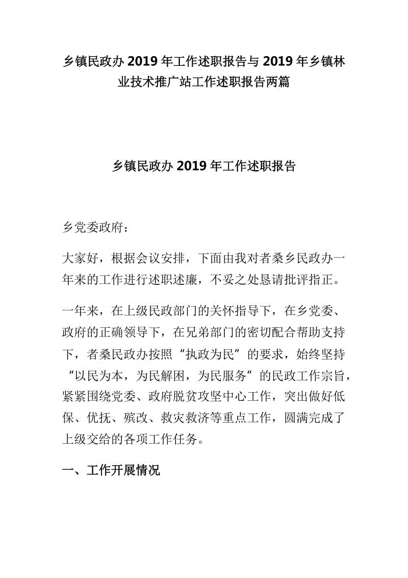 鄉(xiāng)鎮(zhèn)民政辦2019年工作述職報(bào)告與2019年鄉(xiāng)鎮(zhèn)林業(yè)技術(shù)推廣站工作述職報(bào)告兩篇