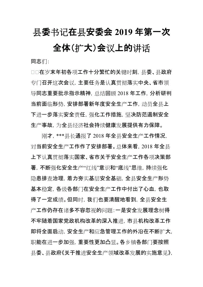 縣委書記在縣安委會(huì)2019年第一次全體（擴(kuò)大）會(huì)議上的講話