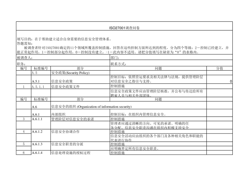 ISO27001调查问卷模版.xls_第1页