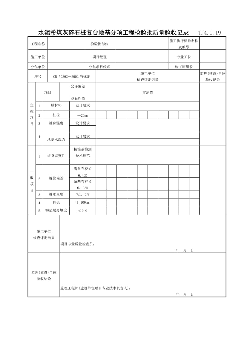 063 水泥粉煤灰碎石桩复台地基分项工程检验批质量验收记录TJ4-1-19.doc_第1页