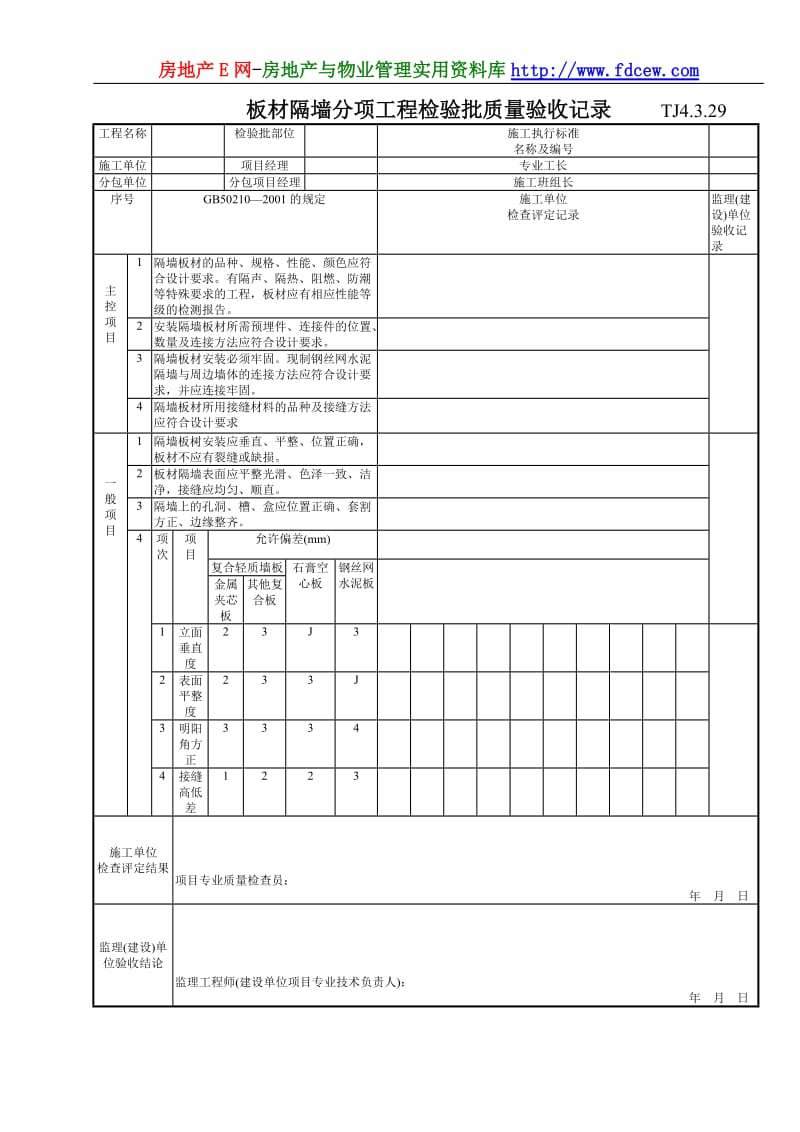 168 板材隔墙分项工程检验批质量验收记录TJ4-3-29.doc_第1页